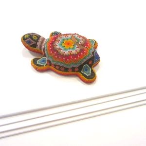 Folk Art Wood Hand Beaded In Mexico Floral Turtle